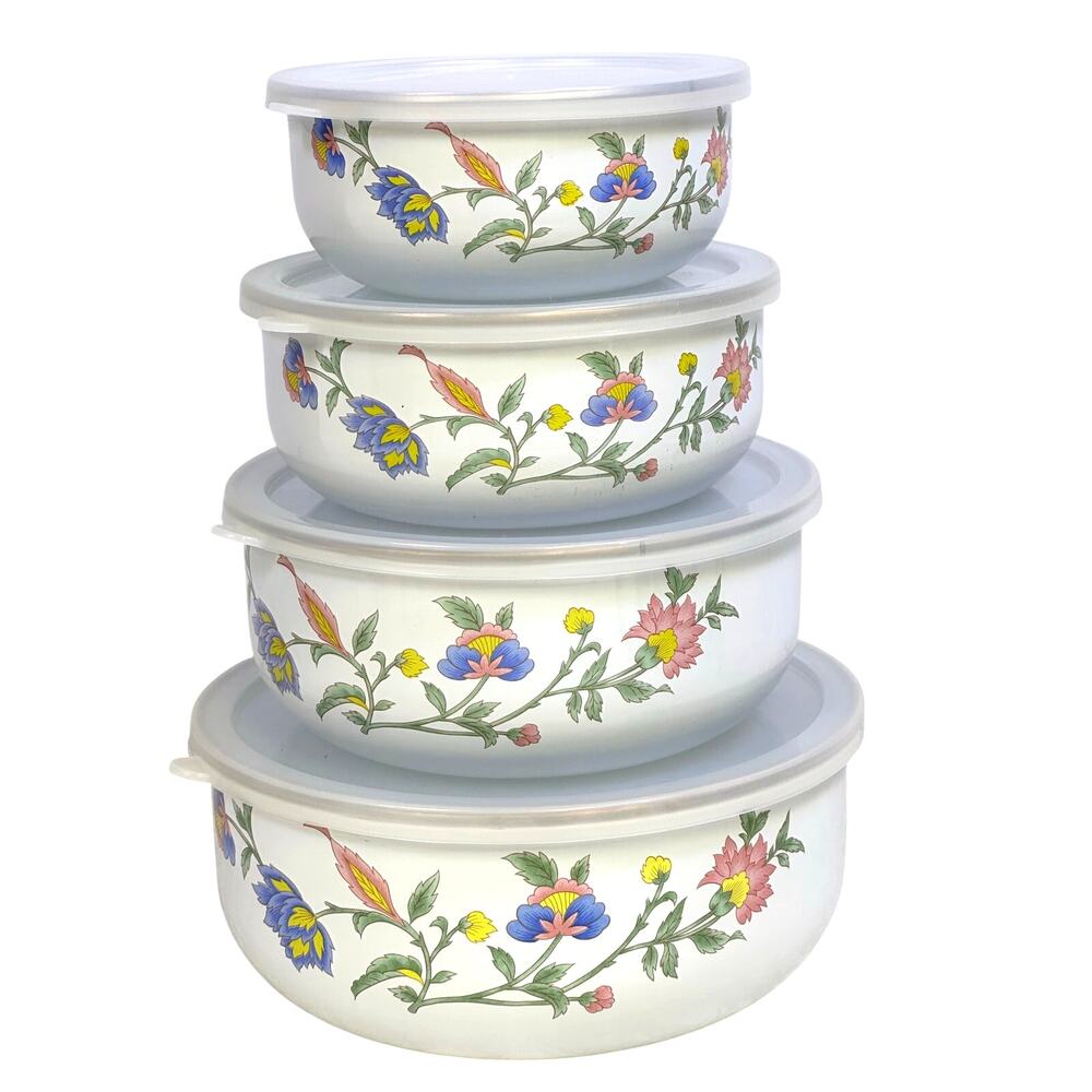 Regency Club Enamelware Vintage 4-PC Floral/Brass Rim Nesting Mixing Bowls w/Lid